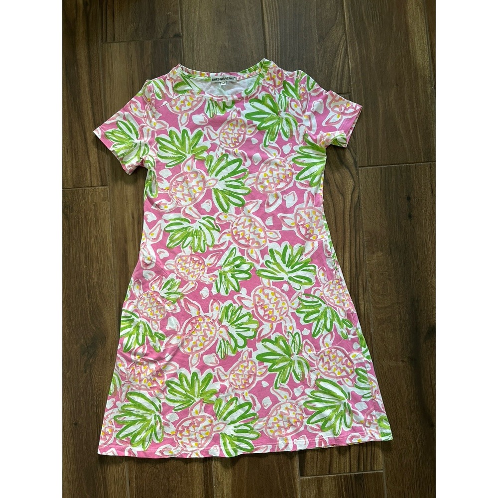 Barbara Gerwit Pink/Green T-Shirt Dress Turtles Cotton Stretch Med Resort Beach‎